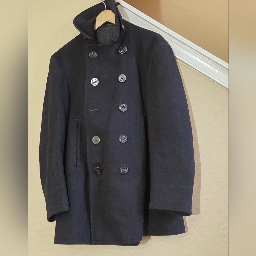 Vintage 40s WW2 US Naval Clothing Factory 10 Button Navy Wool PeaCoat Military